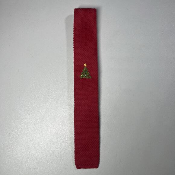 Vintage Wool Knit Sock Tie Square End Red Christmas Tree Embroidery Retro Slim - Picture 1 of 8